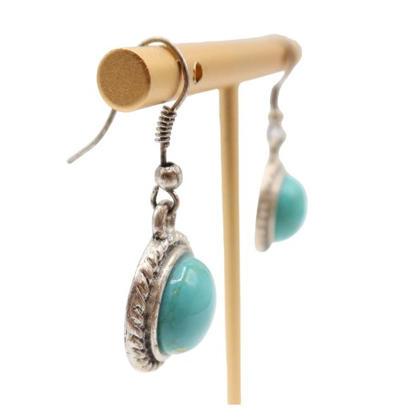 Silver Tone Faux Turquoise Cabochon Southwestern Drop Pierced Earrings Unsigned - Picture 2 of 3